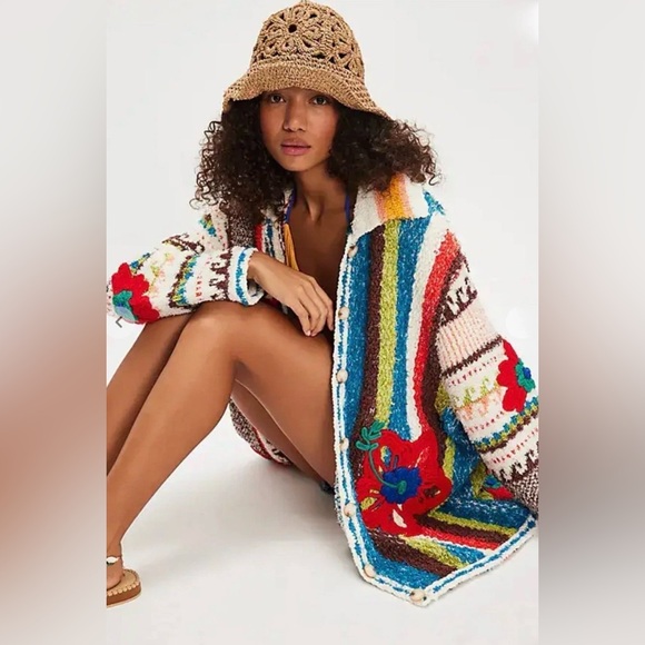 Free People Sweaters - Free People Terry Towel Cardigan Chunky Floral Applique Buttons Oversized